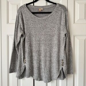 Misia Womens Grey Heathered Knit Long Sleeve Scoop Neck Button Side Top